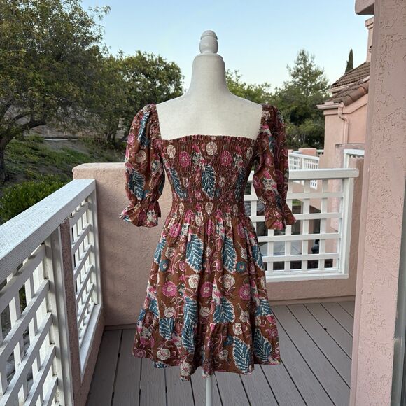 PERRY WALKER Grace Floral Print Smocked Dress O/S Brown Green Pink Smocked Boho - Picture 14 of 15